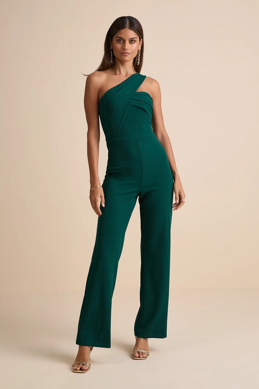 NEW Lulus Devoted to Fun Hunter Green One-Shoulder Sleeveless Jumpsuit XL